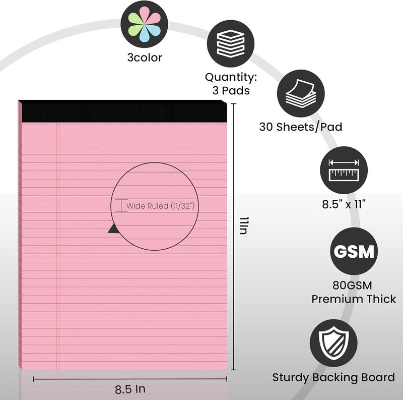 Ciphyfee 3pcs Legal Pads 8.5 x 11,Notepads 8.5 x 11 Inch, 30 Sheets/Pack, Color Note Pads Clear Print Writing Pads of Paper, Perforate Wide Ruled Lined with Sturdy Back for Office, Business & School Supplies - Image 2